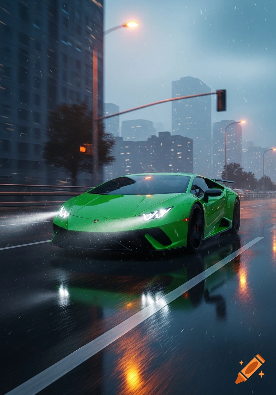 A bright green Lamborghini Huracan drives on a wet city street during a rainy evening, its headlights illuminating the road.
