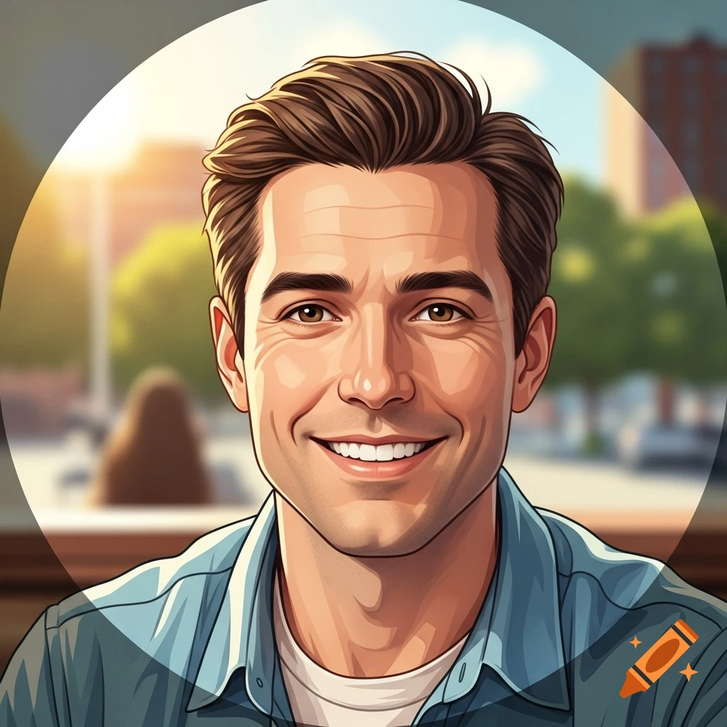 A smiling man with brown hair, in a cartoon-style profile picture, against a blurry outdoor background.