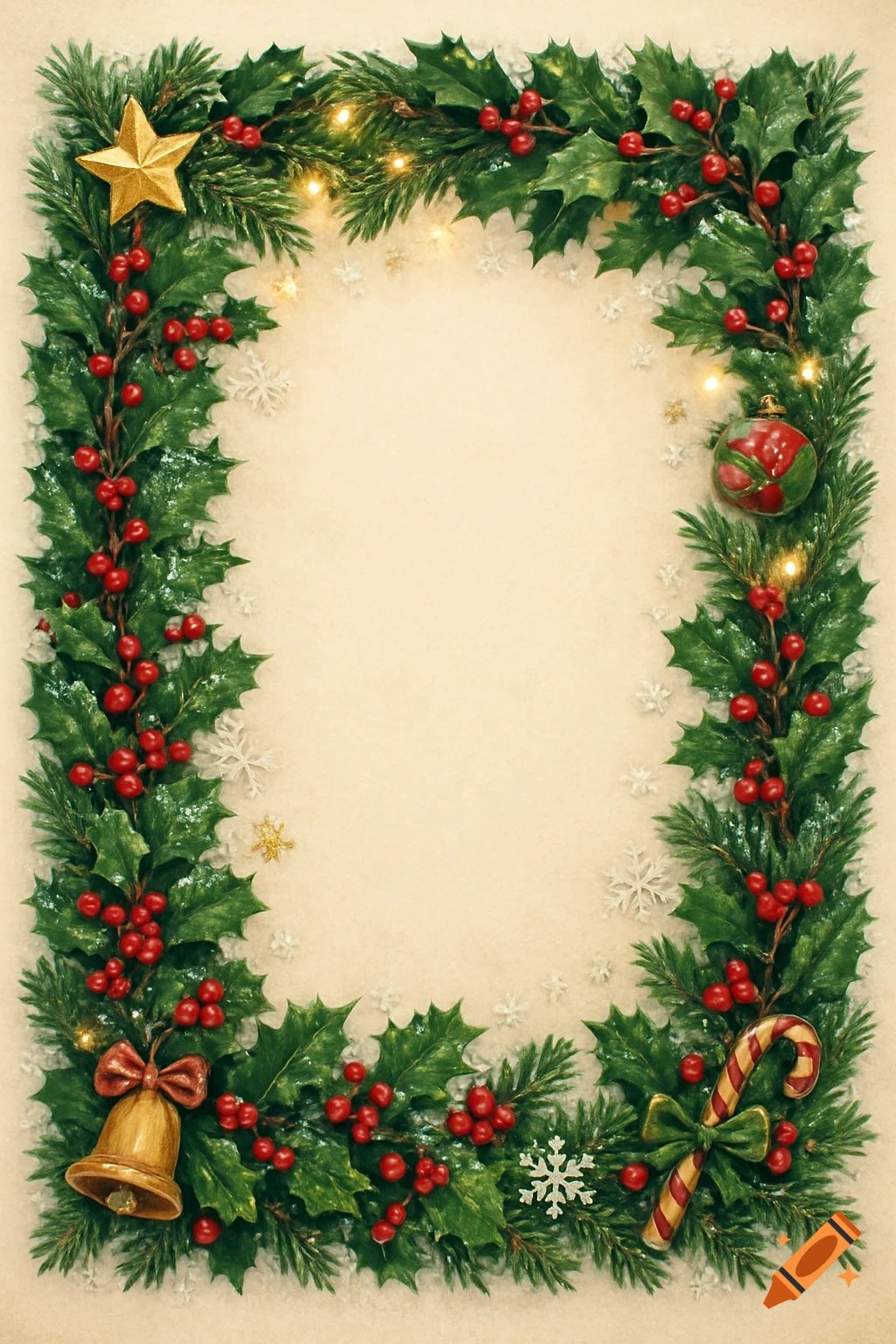 A festive Christmas frame with holly, red berries, pine needles, a gold star, ornaments, a bell, and a candy cane on a light background.