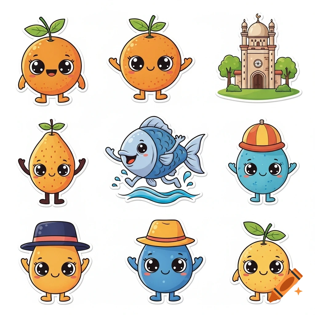 Nine cute cartoon stickers featuring smiling oranges, a pear, a blue fish, and a mosque illustration on a white background.