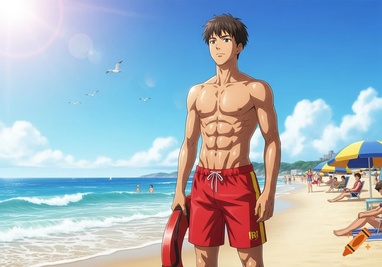 Anime illustration of a muscular male lifeguard in red shorts holding a life preserver on a sunny beach.