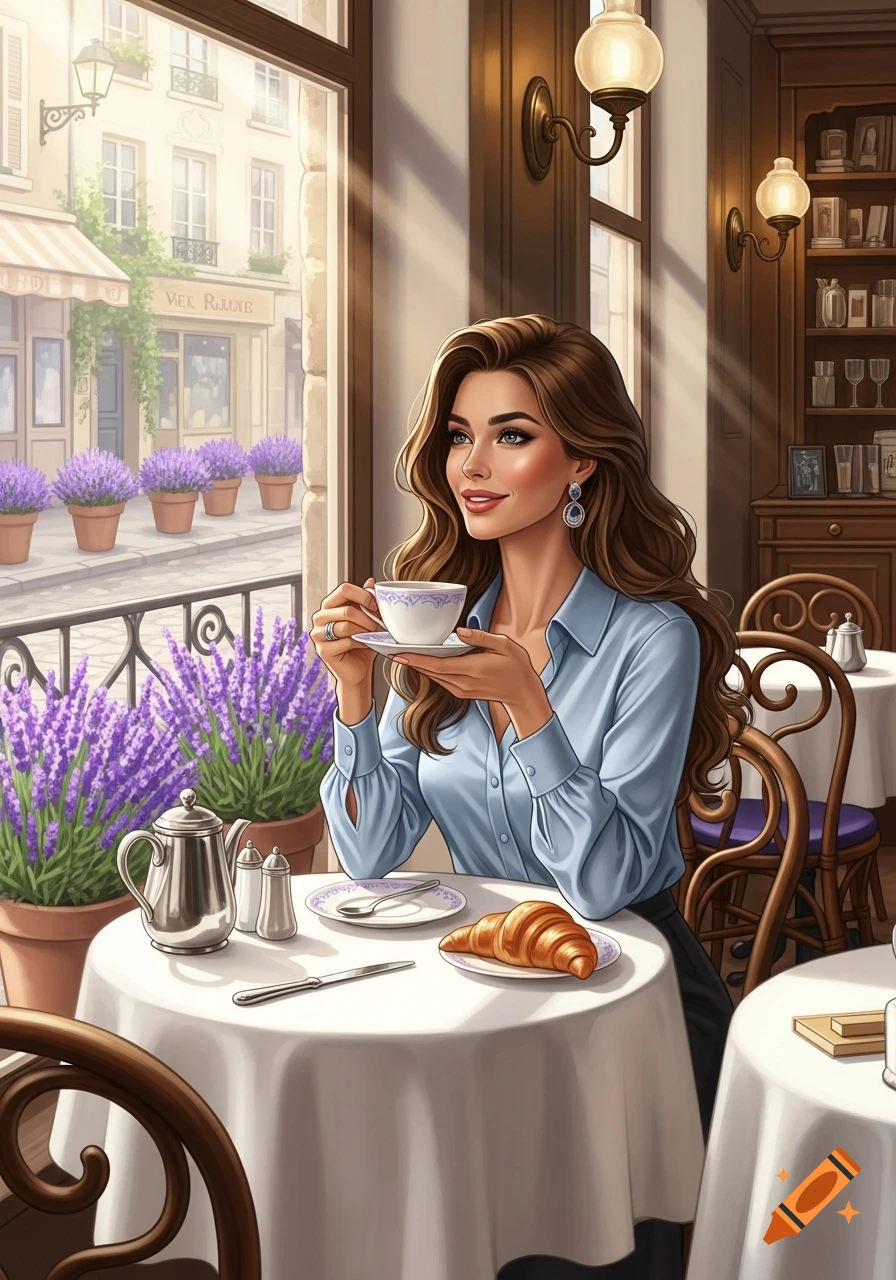 A smiling woman with long brown hair sips tea at an outdoor cafe table with a croissant, overlooking a lavender-lined Parisian street.