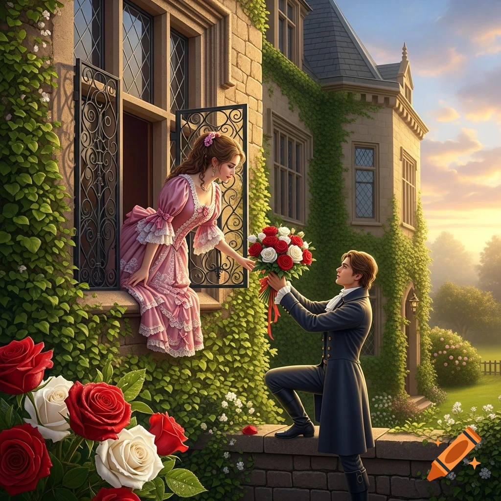A man in historical attire kneels to offer a bouquet of red and white ...