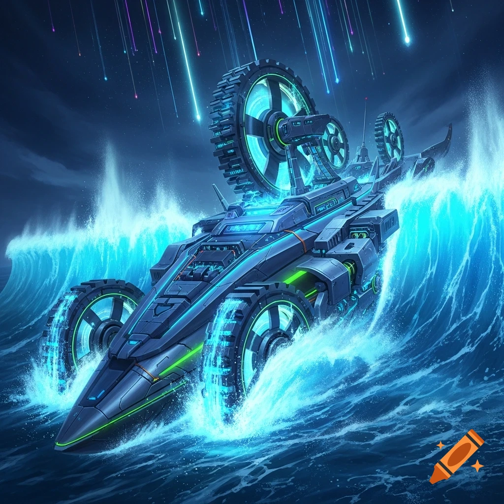 A futuristic dark blue vehicle with glowing cyan accents and large wheels surges through vibrant ocean waves under a starry sky with colorful meteors.