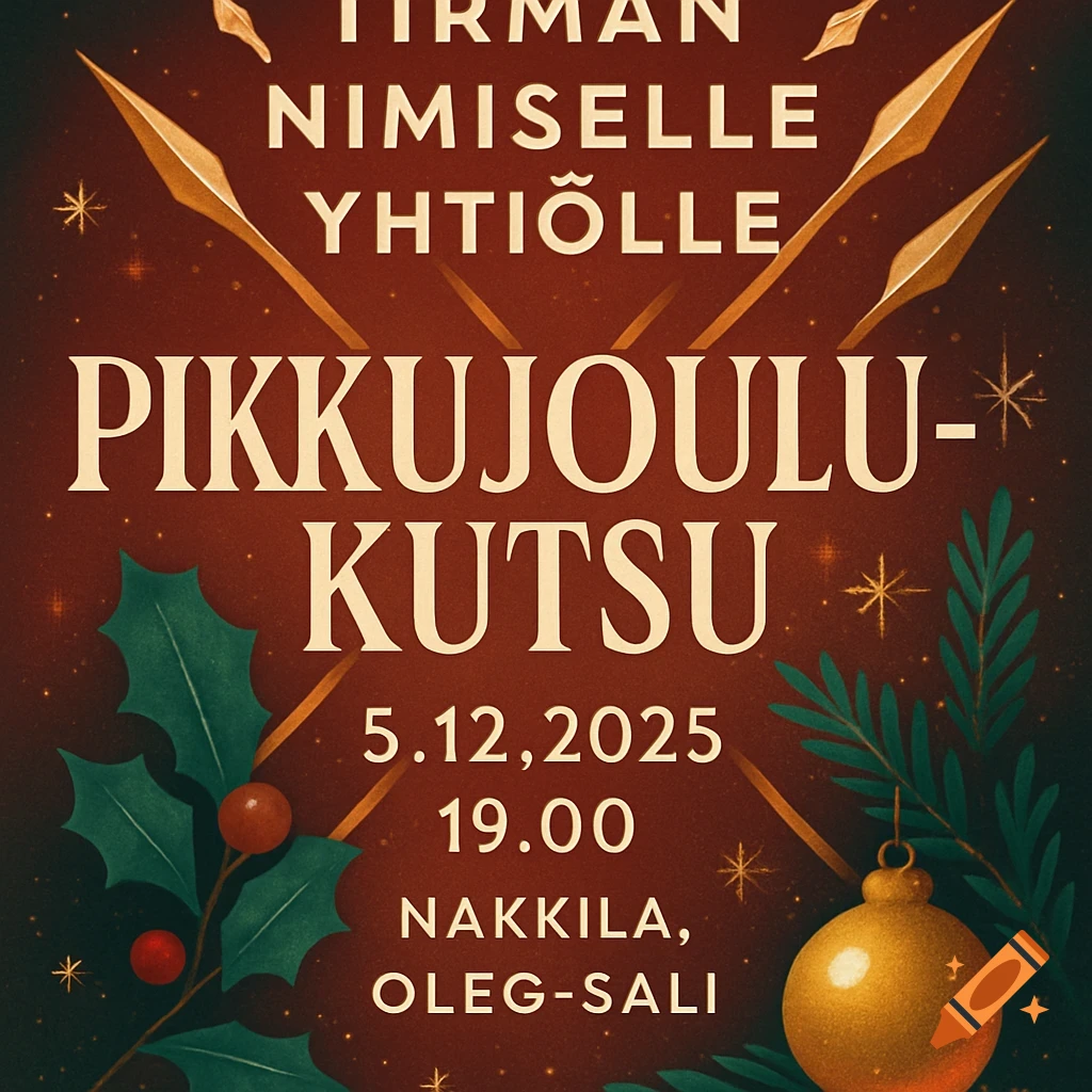 A festive red and gold Christmas party invitation with spears, holly, and a bauble, displaying event details.