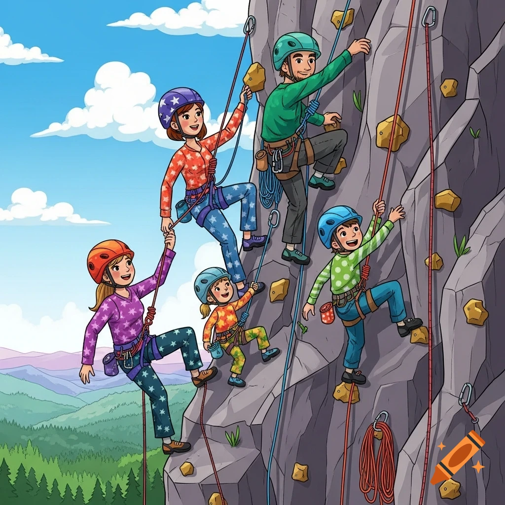 Cartoon illustration of a diverse family rock climbing up a craggy cliff face, with mountains and sky in the background.