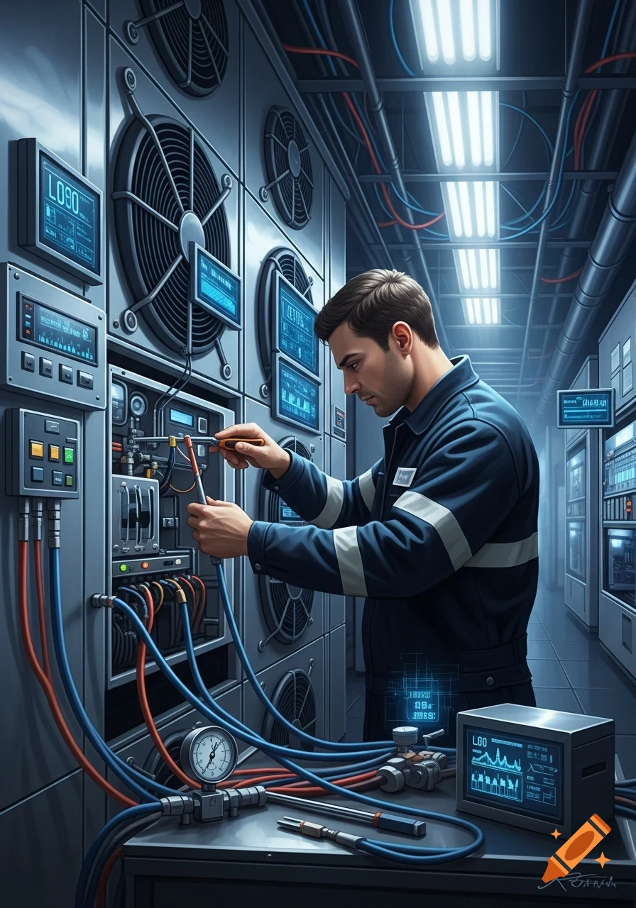 A photorealistic image of a technician in a blue uniform working on complex server equipment in a data center.