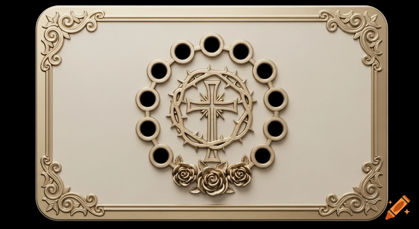 Gold 3D-rendered rosary card with a central cross, crown of thorns, three roses, ten holes, and an ornate border.