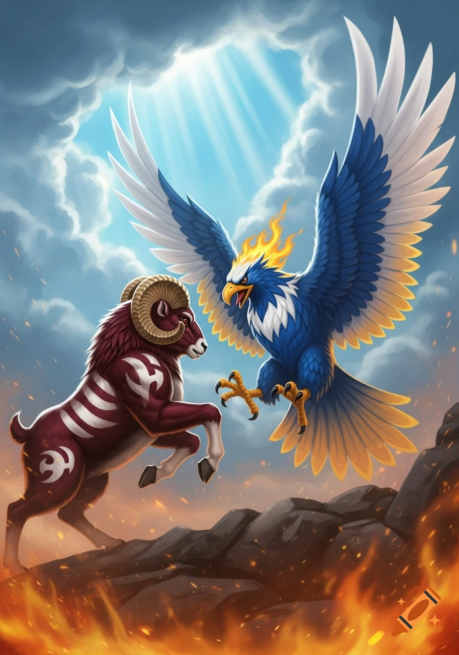 A stylized maroon and white ram battles a blue, white, and yellow firebird against a dramatic sky with sun rays and fire on the ground.
