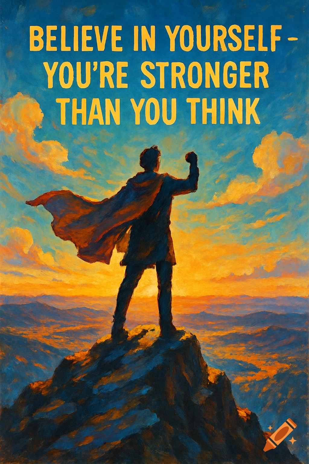 Painted image of a figure in a cape on a mountain at sunset, fist raised, with the text 'BELIEVE IN YOURSELF - YOU'RE STRONGER THAN YOU THINK'.