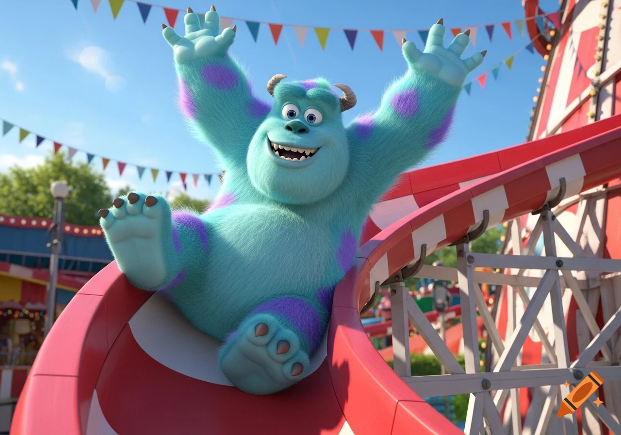 Sully from Monsters Inc. joyfully slides down a red and white helter skelter slide at a sunny fairground.