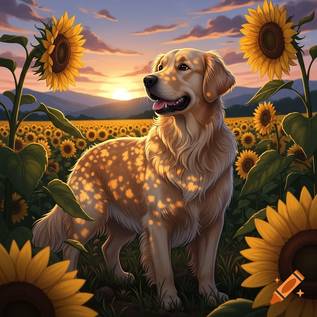 A golden retriever stands in a field of sunflowers at sunset, with soft golden light on its fur.