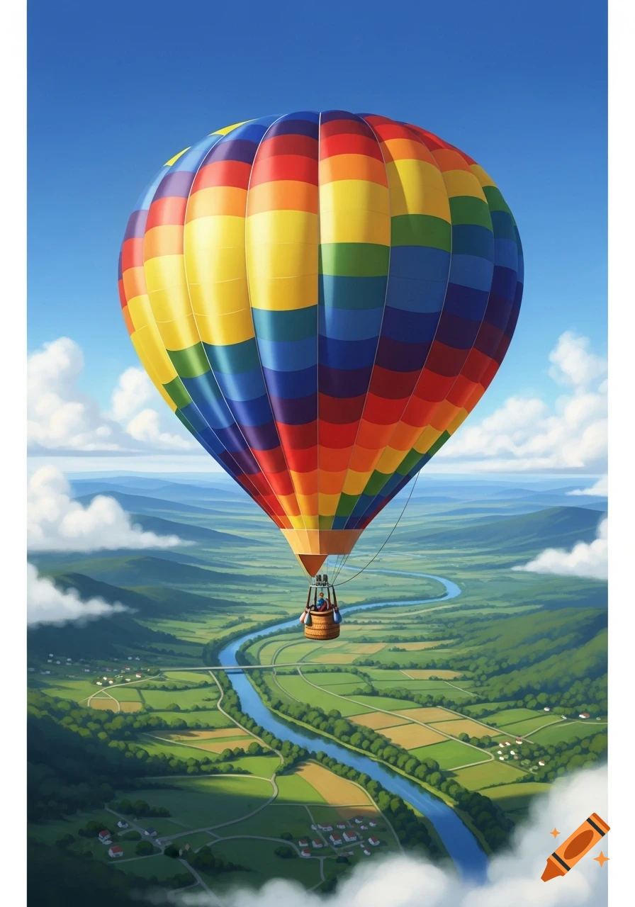 A vibrant rainbow-striped hot air balloon floats high above a lush green valley with a winding blue river and scattered houses under a clear blue sky.