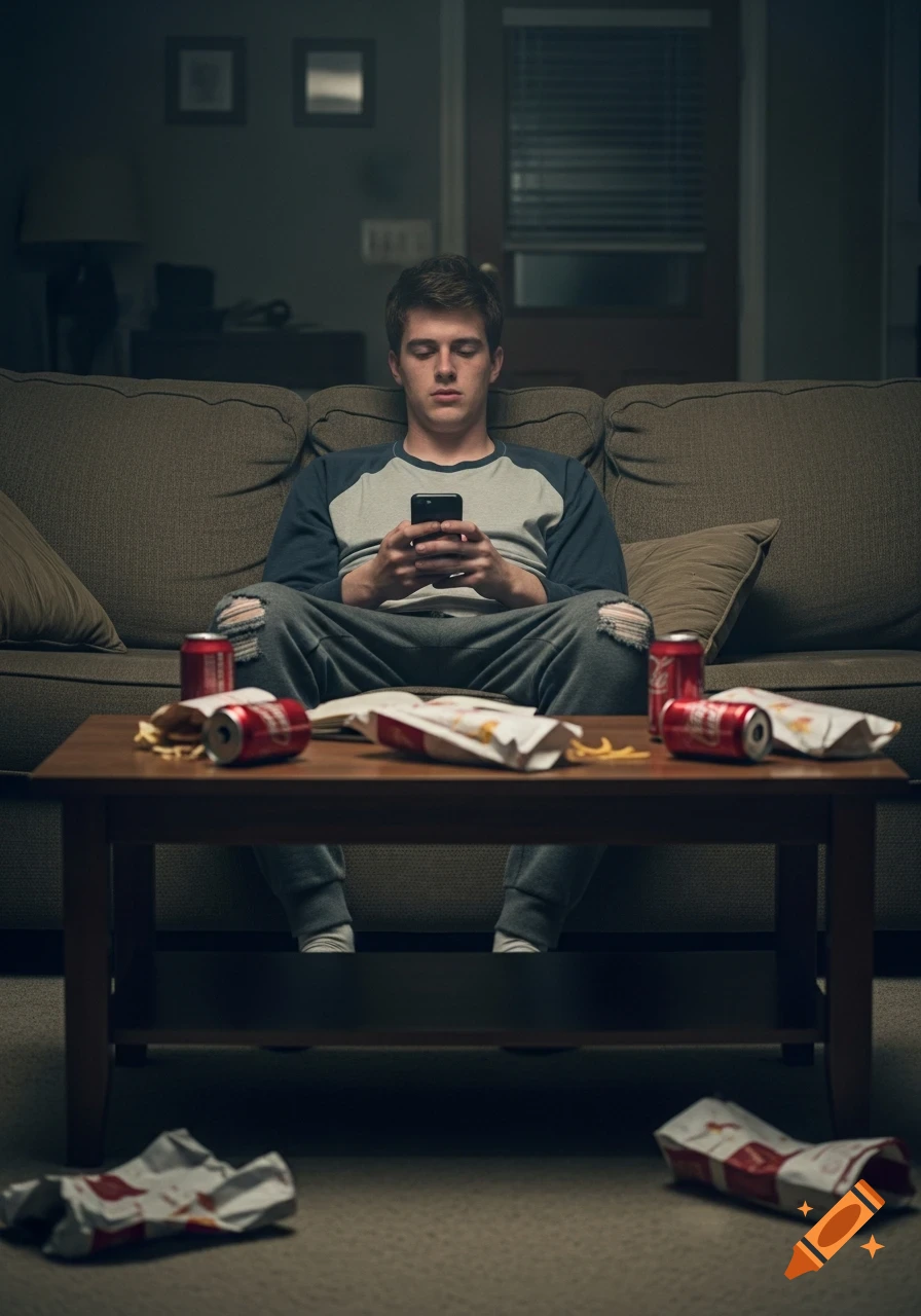 A young man sits slouched on a couch, scrolling on his smartphone amidst scattered junk food and soda cans in a dimly lit room, appearing tired.