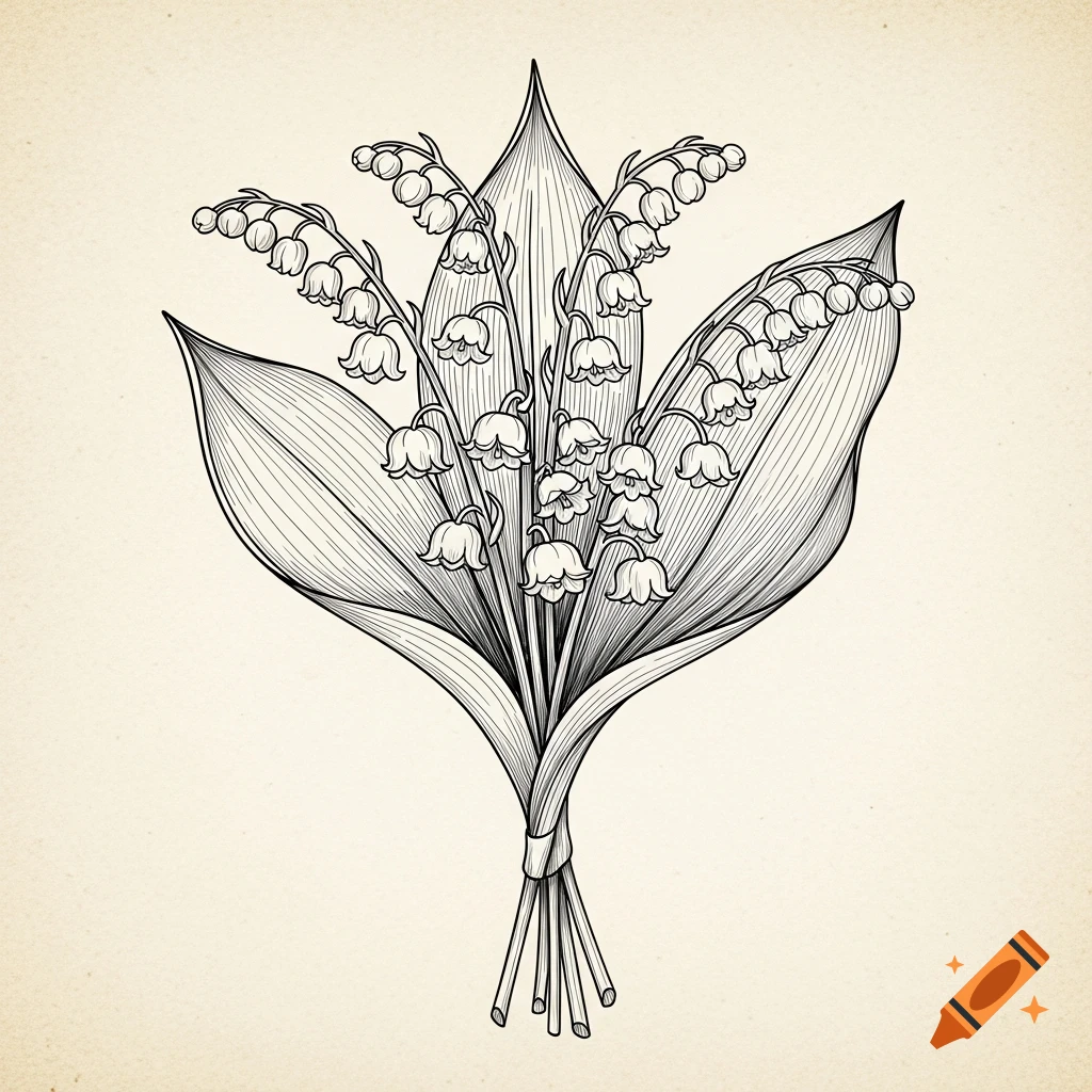 A detailed black and white line art sketch of a lily of the valley bouquet against a light textured background.
