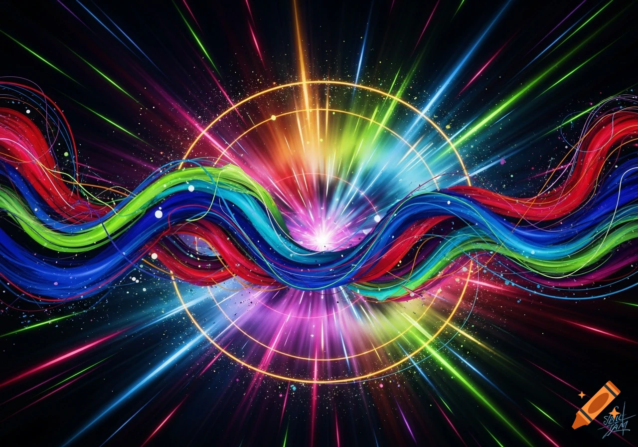 A vibrant, abstract digital art piece with colorful wavy lines emanating from a central light explosion, against a dark background.