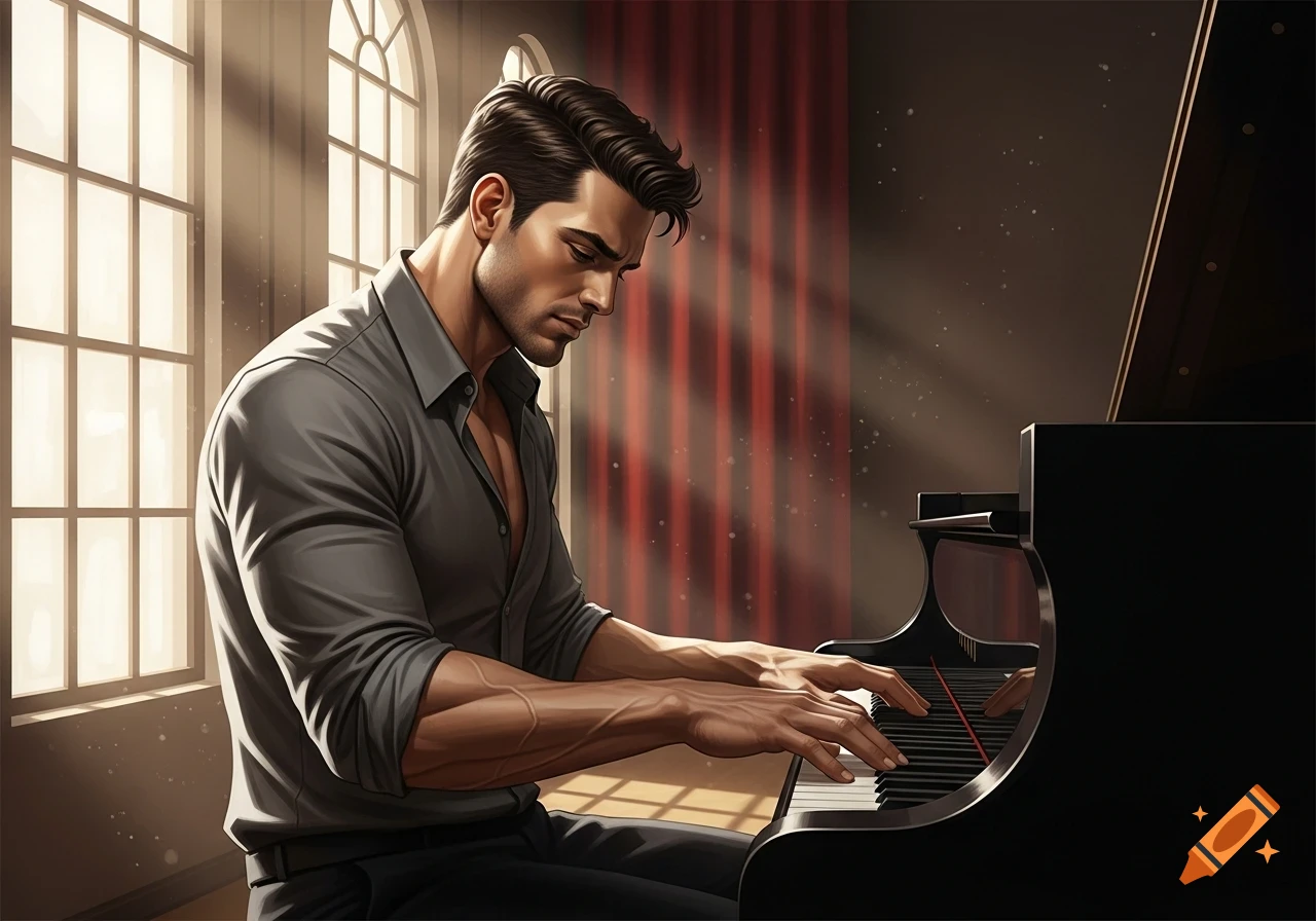 A man with dark hair and a gray shirt intently plays a black grand piano in a sunlit room with large arched windows.