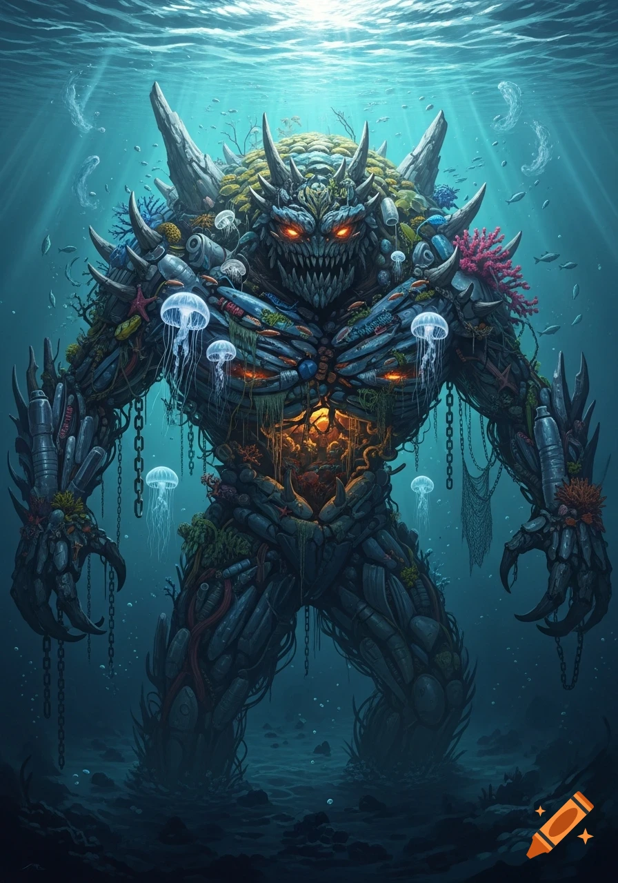 A monstrous creature formed from ocean trash and marine life stands menacingly underwater, with glowing red eyes.