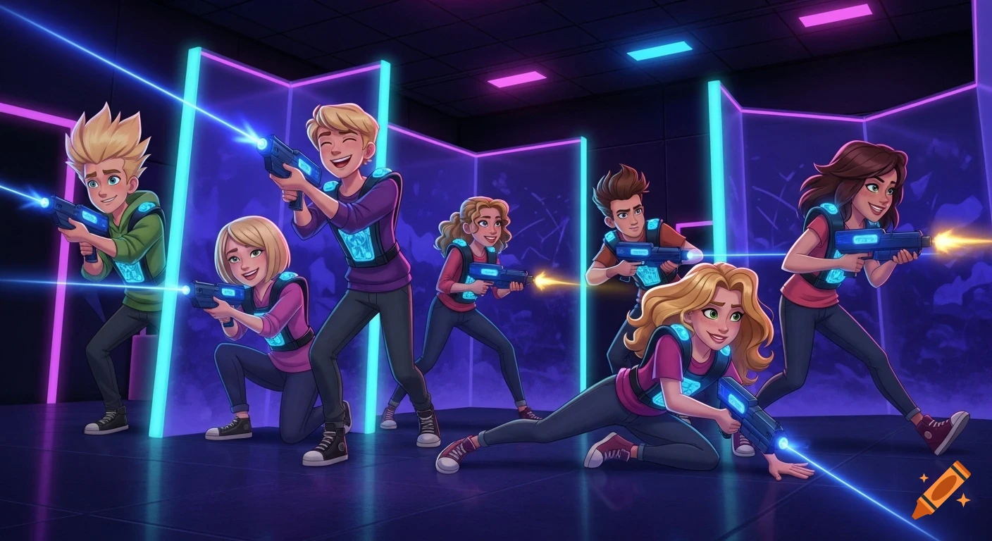 Six cartoon teenagers play laser tag in a dark arena with glowing neon blue, purple, and pink lights, firing blasters.
