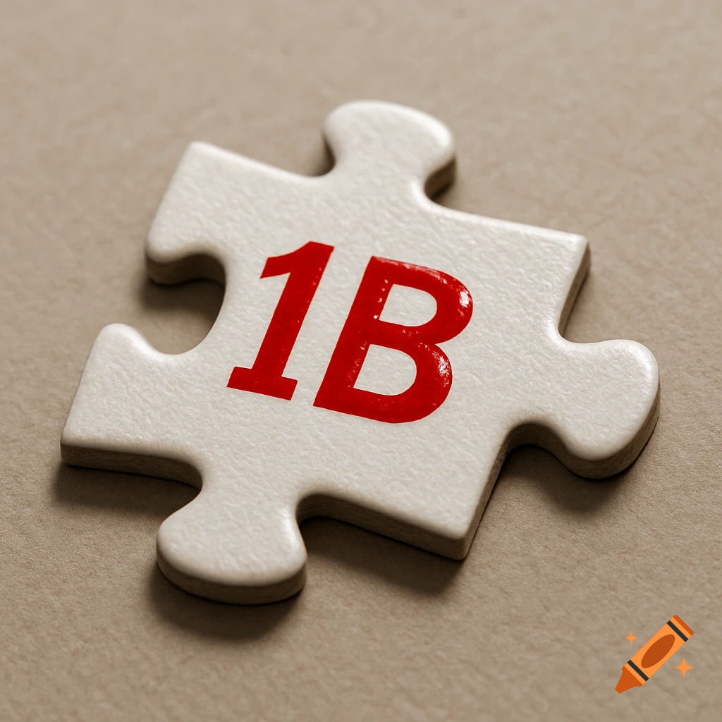 Hyper-realistic photo of a single, textured white jigsaw puzzle piece labeled '1B' in red, casting shadows on a beige surface.