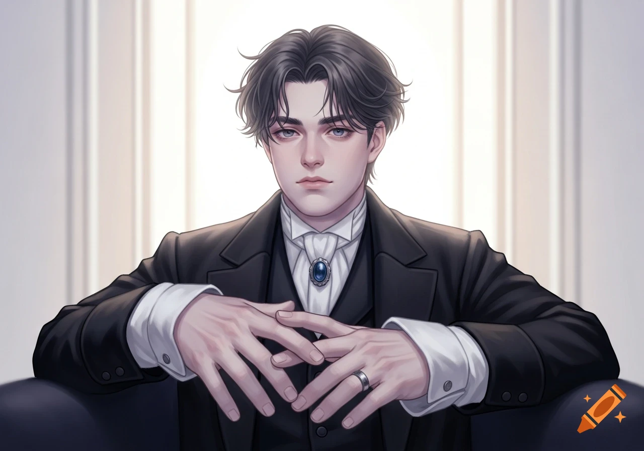 Anime portrait of a pale young man with dark wavy hair, wearing a black suit and a white cravat with a blue gem, hands clasped.