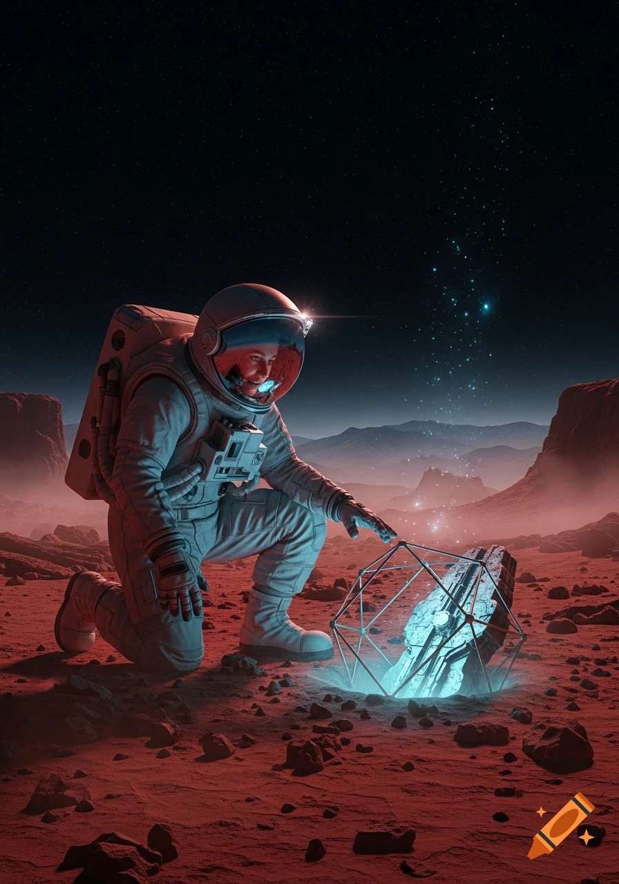 An astronaut kneels on a red alien planet, examining a glowing, geometric artifact beneath a starry sky.