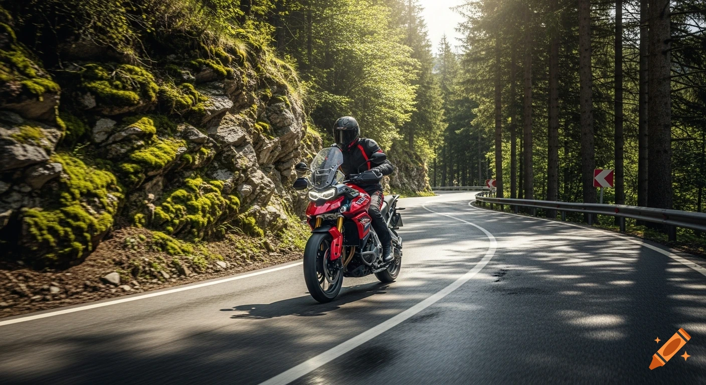 A person rides a red Triumph Tiger 900 GT Pro motorcycle on a winding mountain road bordered by mossy rocks and tall trees under dappled sunlight.