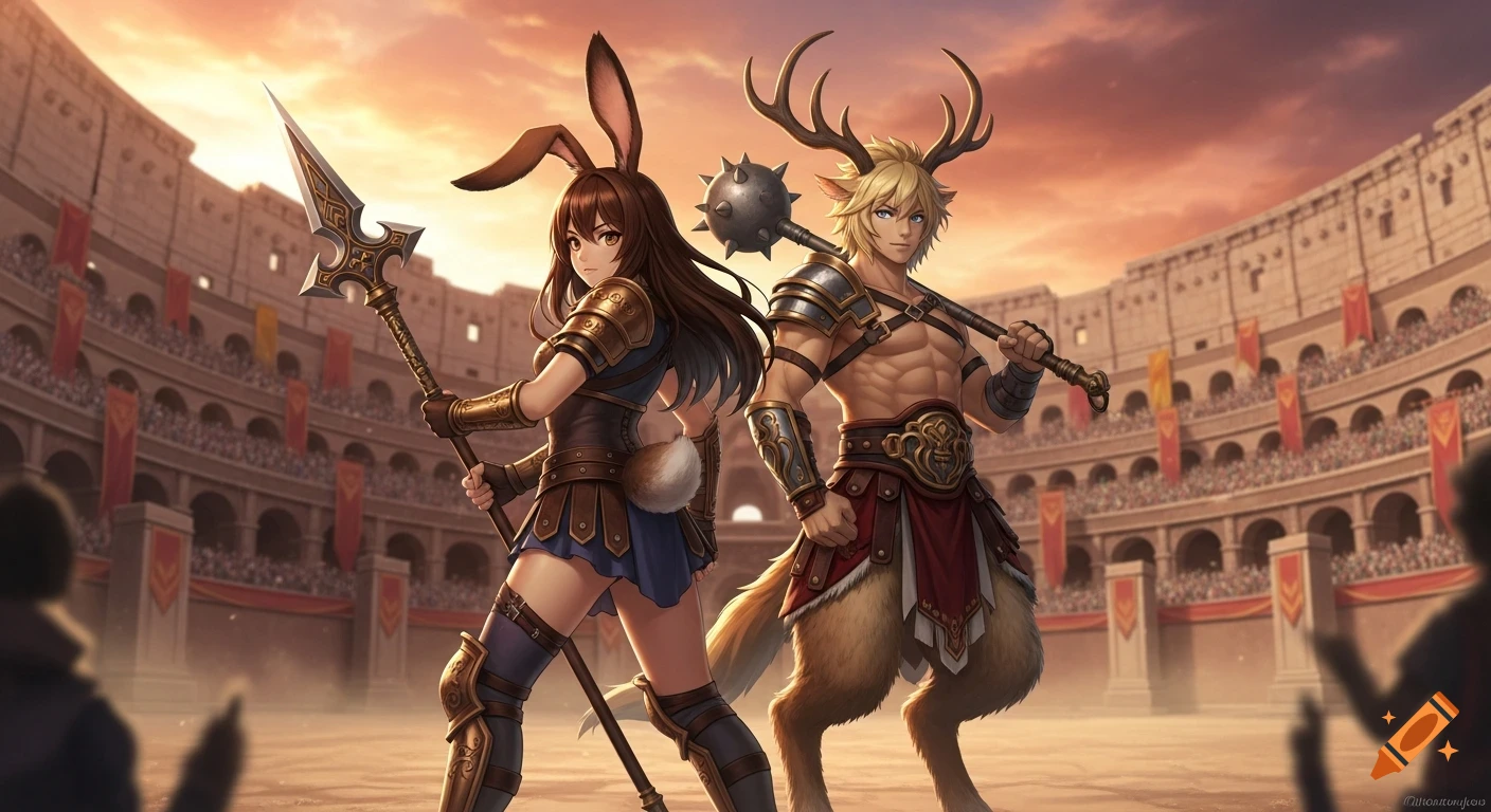Anime-style gladiators, a bunny girl and a satyr, stand back-to-back with weapons in a sunlit Colosseum arena.