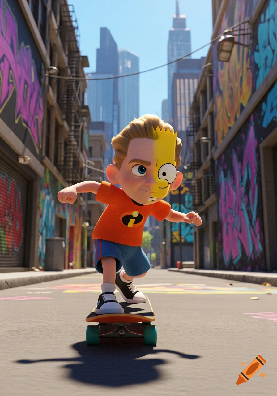A 3D cartoon image of Dash from The Incredibles, with half his face stylized like Bart Simpson, skateboarding down a city street with graffiti-covered buildings.