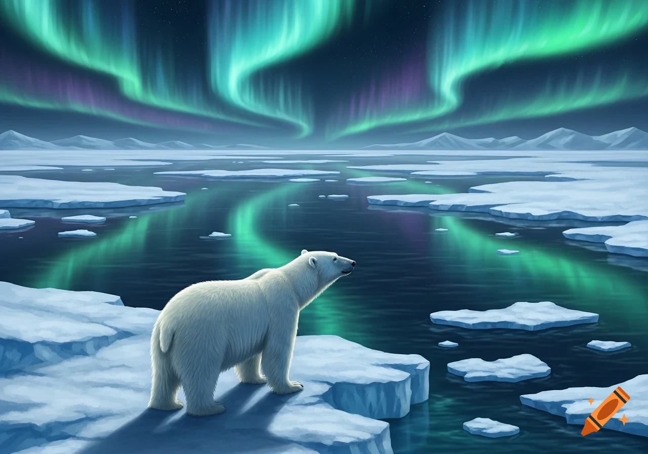 A polar bear stands on an ice floe, gazing at the vibrant green and purple northern lights reflected in the dark arctic ocean.