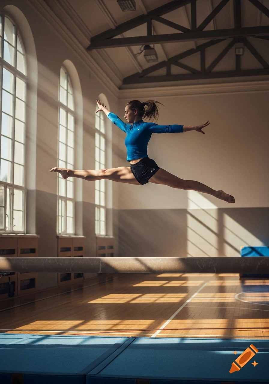 A female gymnast in a blue top and black shorts performs a split jump mid-air in a brightly lit gymnasium with large arched windows.