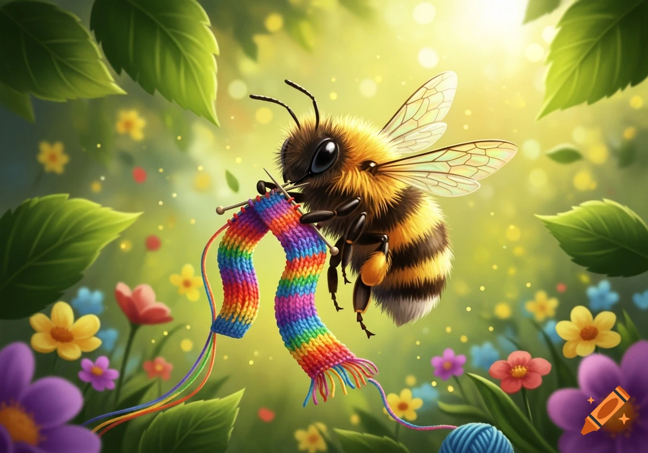 A cute, fuzzy bumblebee with big eyes knits a rainbow-colored scarf in a vibrant, sunny meadow with green leaves and colorful flowers, in a whimsical cartoon style.