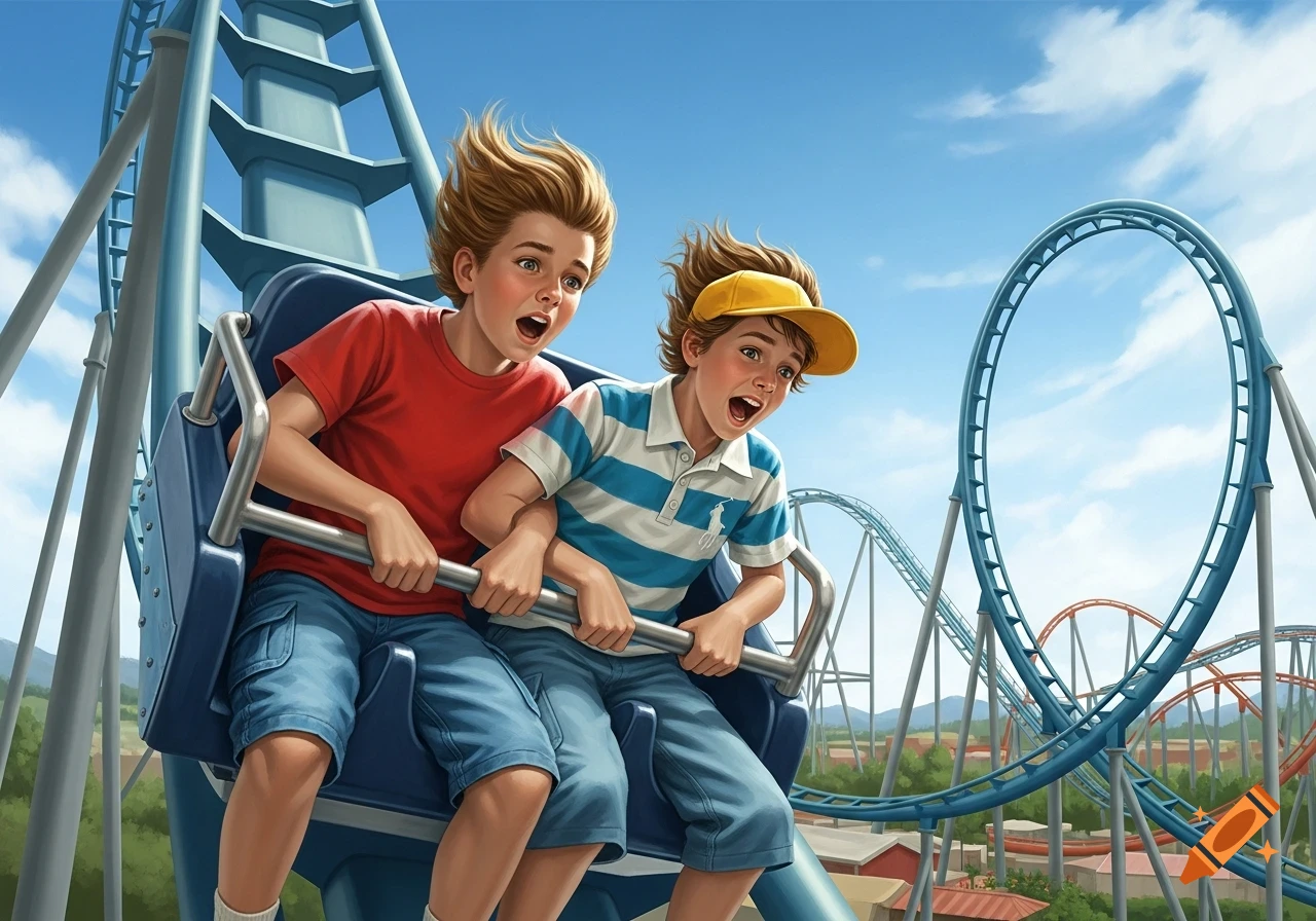 Two excited young boys with wind-blown hair ride a blue rollercoaster under a clear sky, an amusement park visible in the background.