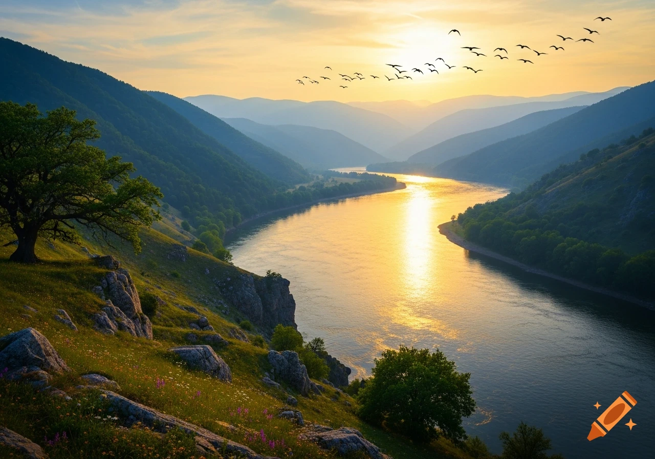 A golden river winds through lush, mist-shrouded mountains at sunset, with birds flying overhead in a clear sky.