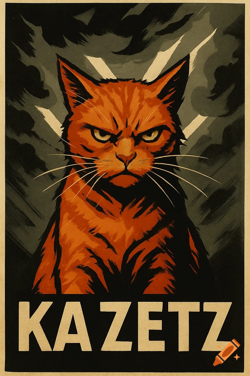 Angry orange cat in bold propaganda poster style with dark background and 'KAZETZ' text.