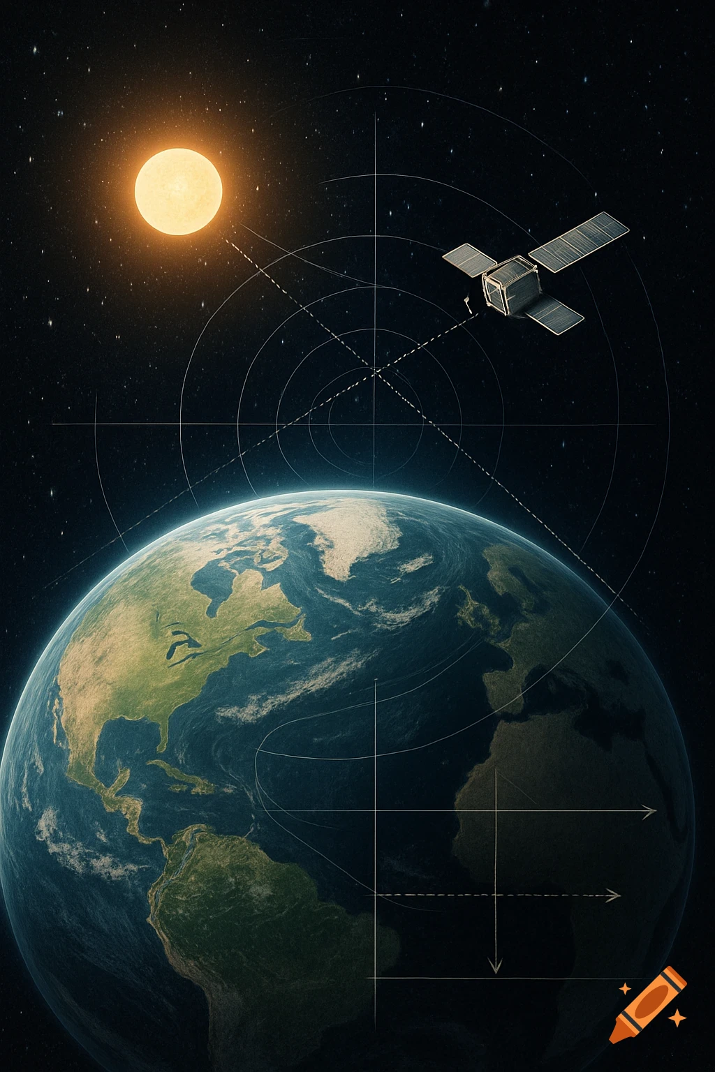 Detailed depiction of Earth from space, with the Sun glowing brightly, a satellite orbiting, and schematic diagram lines.