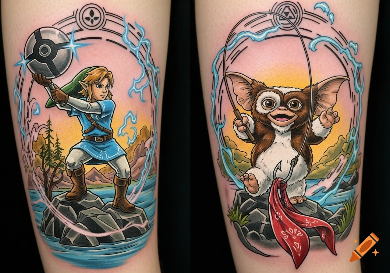 Two colorful tattoo designs on skin. One depicts Link from Zelda holding a grey blitzball, the other shows Gizmo from Gremlins fishing a red bandana.