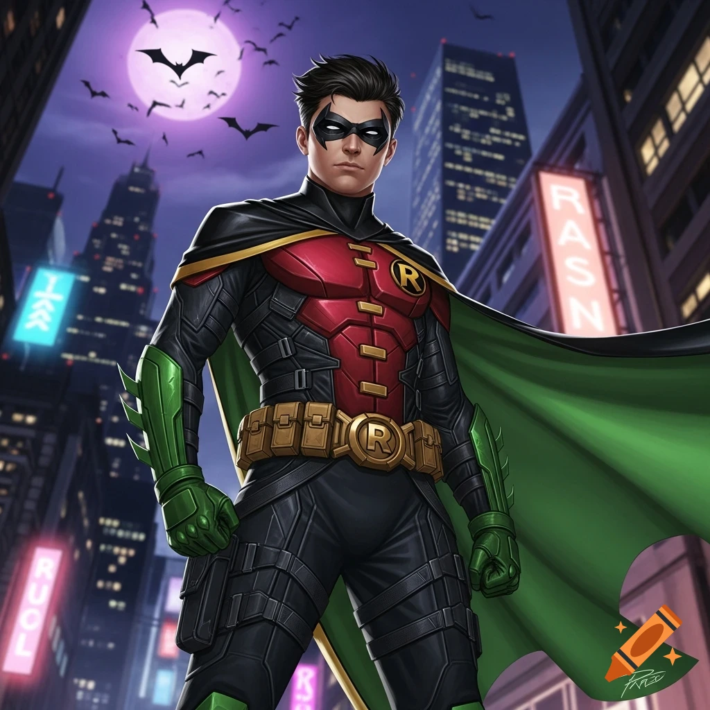 A young male superhero, Robin, stands in his red, black, and green suit with a prominent 'R' emblem, against a dark city skyline with a full moon and bats.
