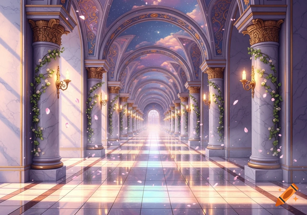 A long, dreamy fantasy hallway with ornate marble pillars, arches depicting a starry sky, and a glowing light at the far end. Pink petals fall.