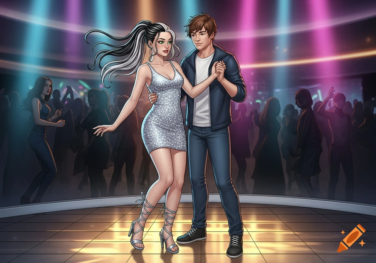 Comic art of a couple dancing in a brightly lit nightclub with silhouetted figures.