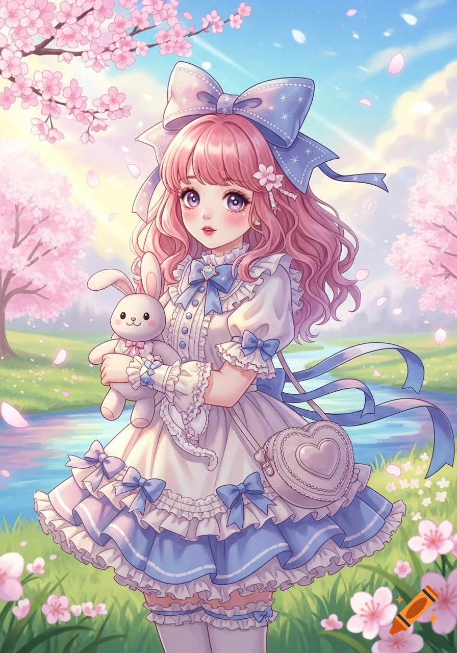 An anime girl with pink hair in a frilly blue and white dress holds a white bunny plushie in a sunny field with cherry blossoms.