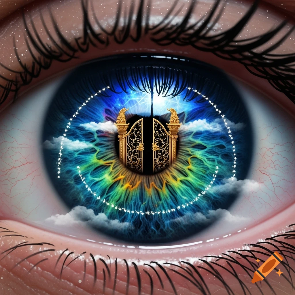 Close-up of a human eye with a colorful iris, containing golden ornate gates, clouds, and a bright sky in the pupil, surrounded by a starry ring.