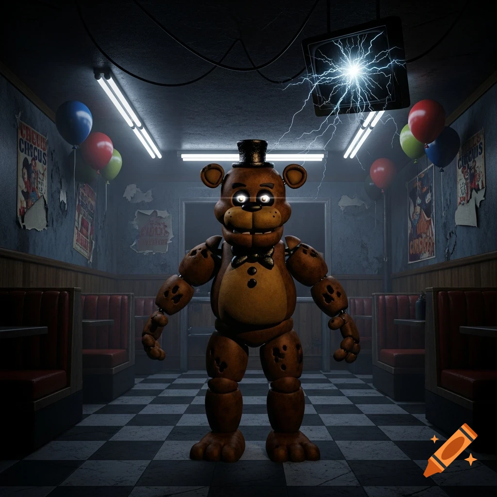A brown animatronic bear with a top hat and glowing eyes stands in a dark, abandoned arcade with checkered floors and red booths. A sparking TV hangs above.
