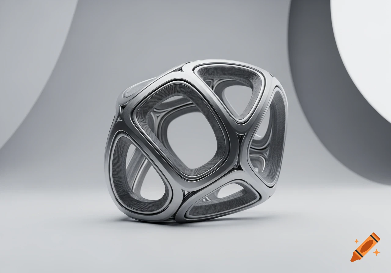 A futuristic silver 3D printed geometric object with an intricate, open-work design on a white background.