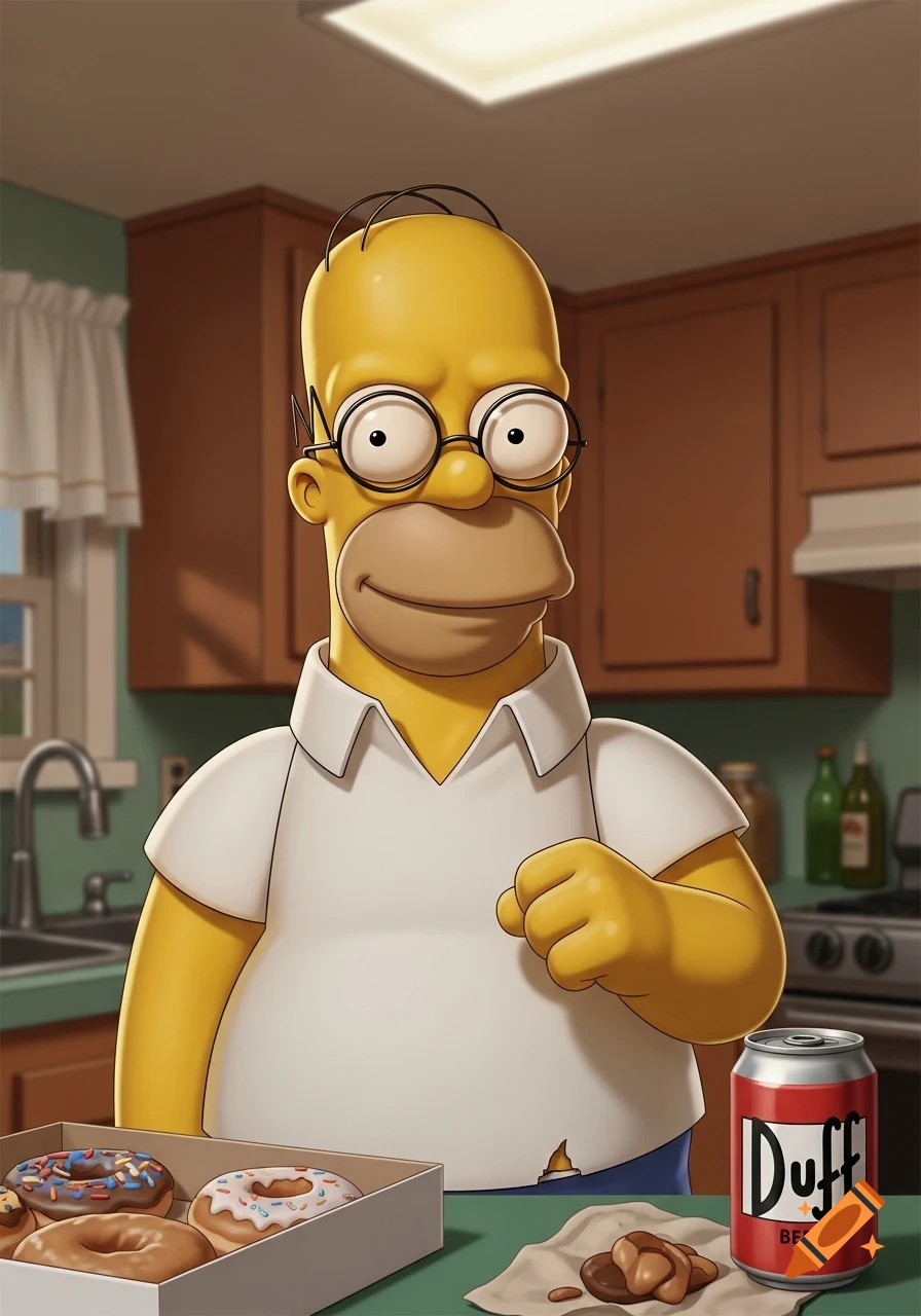 A realistic-looking Homer Simpson stands in a kitchen, holding a box of donuts and a can of Duff Beer.