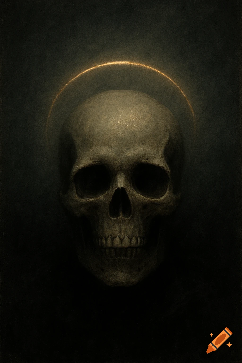 A dark, moody image of a human skull with a golden halo above its head, against a textured, dark background.