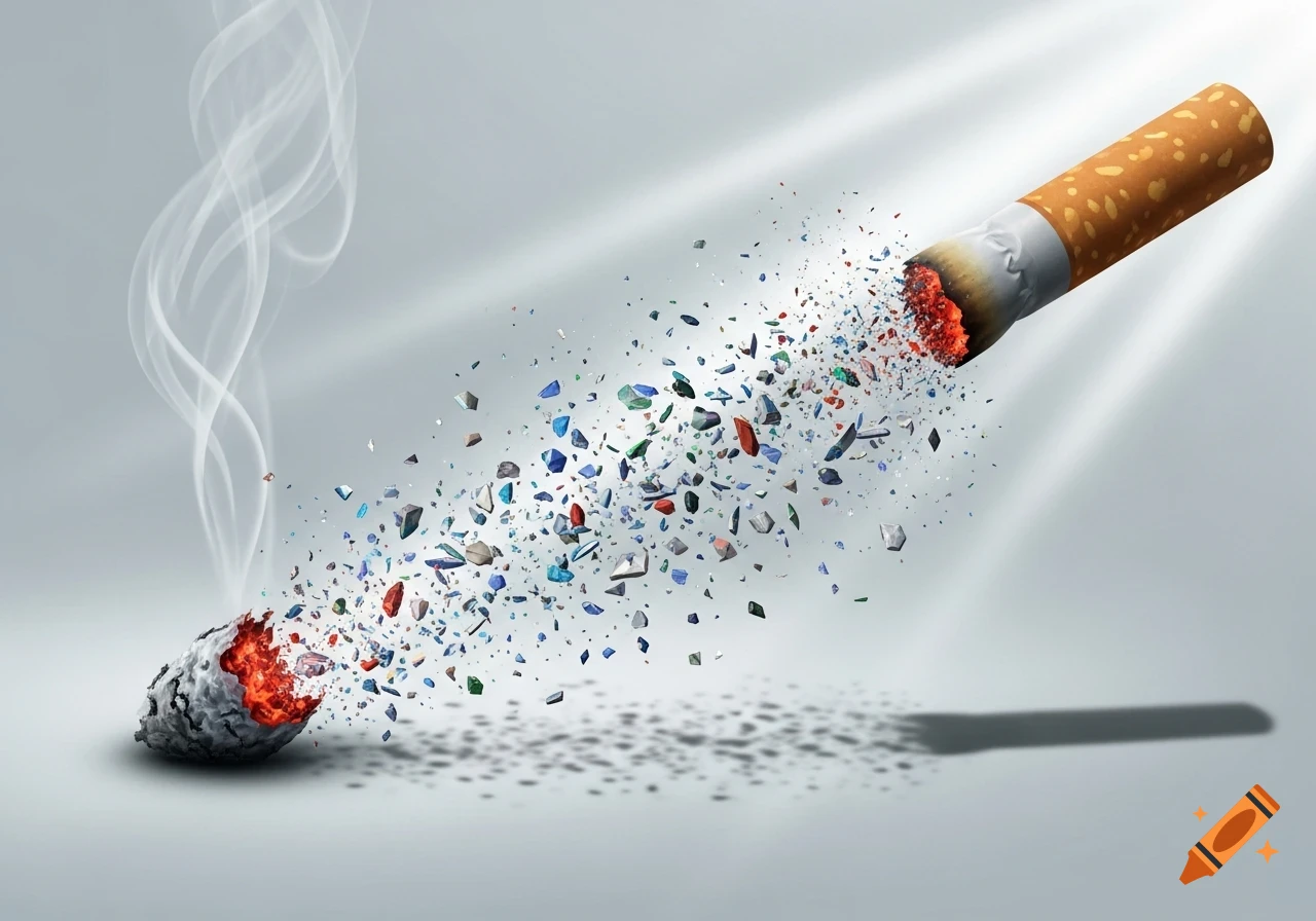 A cigarette butt dissolving into colorful microplastic pieces, with smoke rising from the ash and light rays from above.
