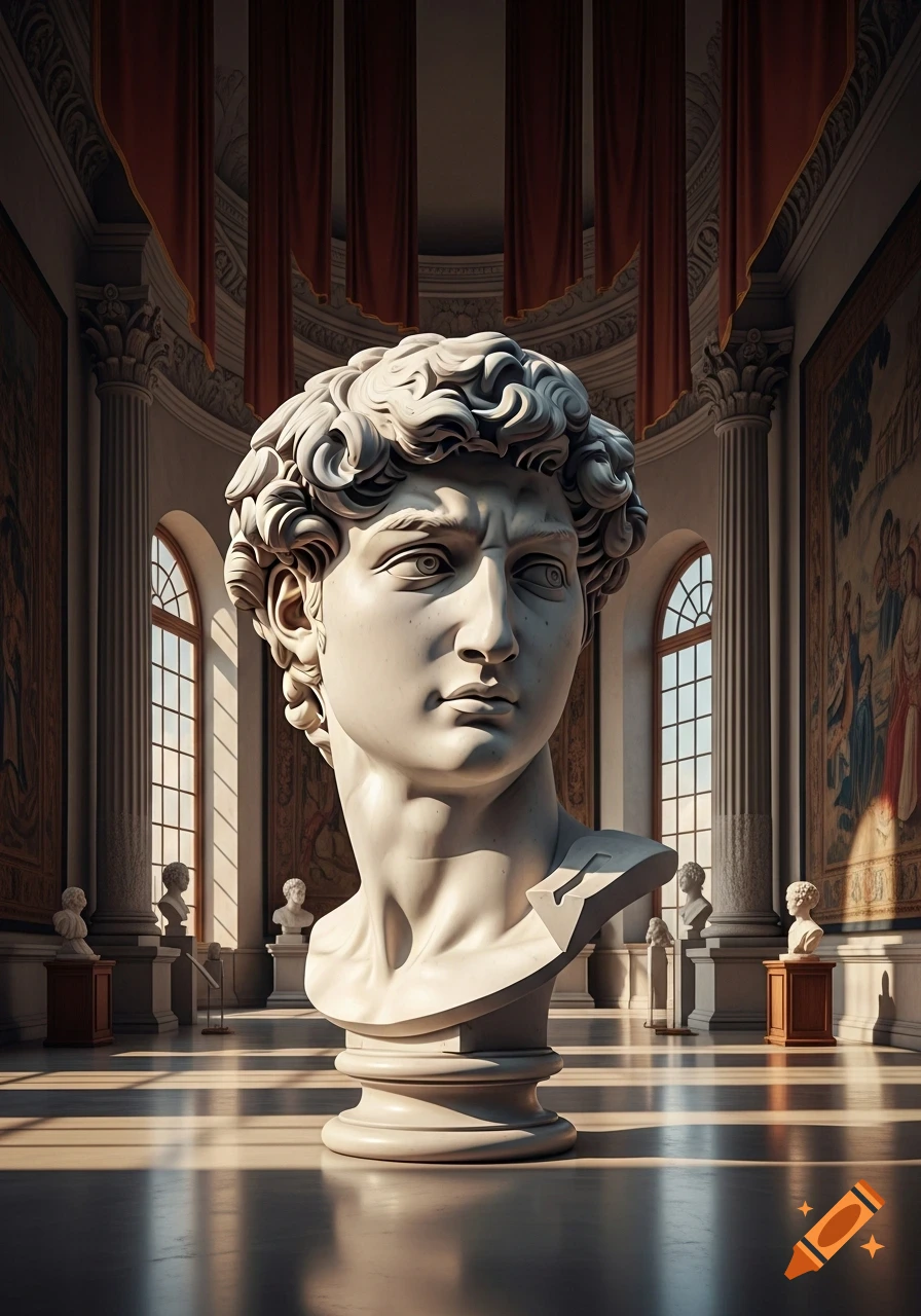 A classical marble bust, resembling Michelangelo's David, stands prominently in a grand museum hall with columns and tapestries.