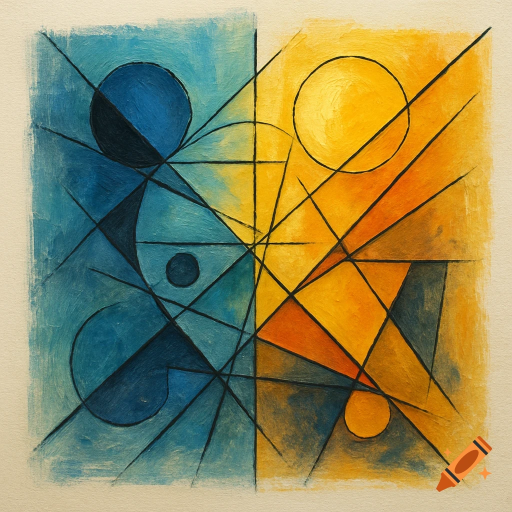 A vibrant abstract painting split into blue and yellow halves with intersecting black lines and geometric shapes.