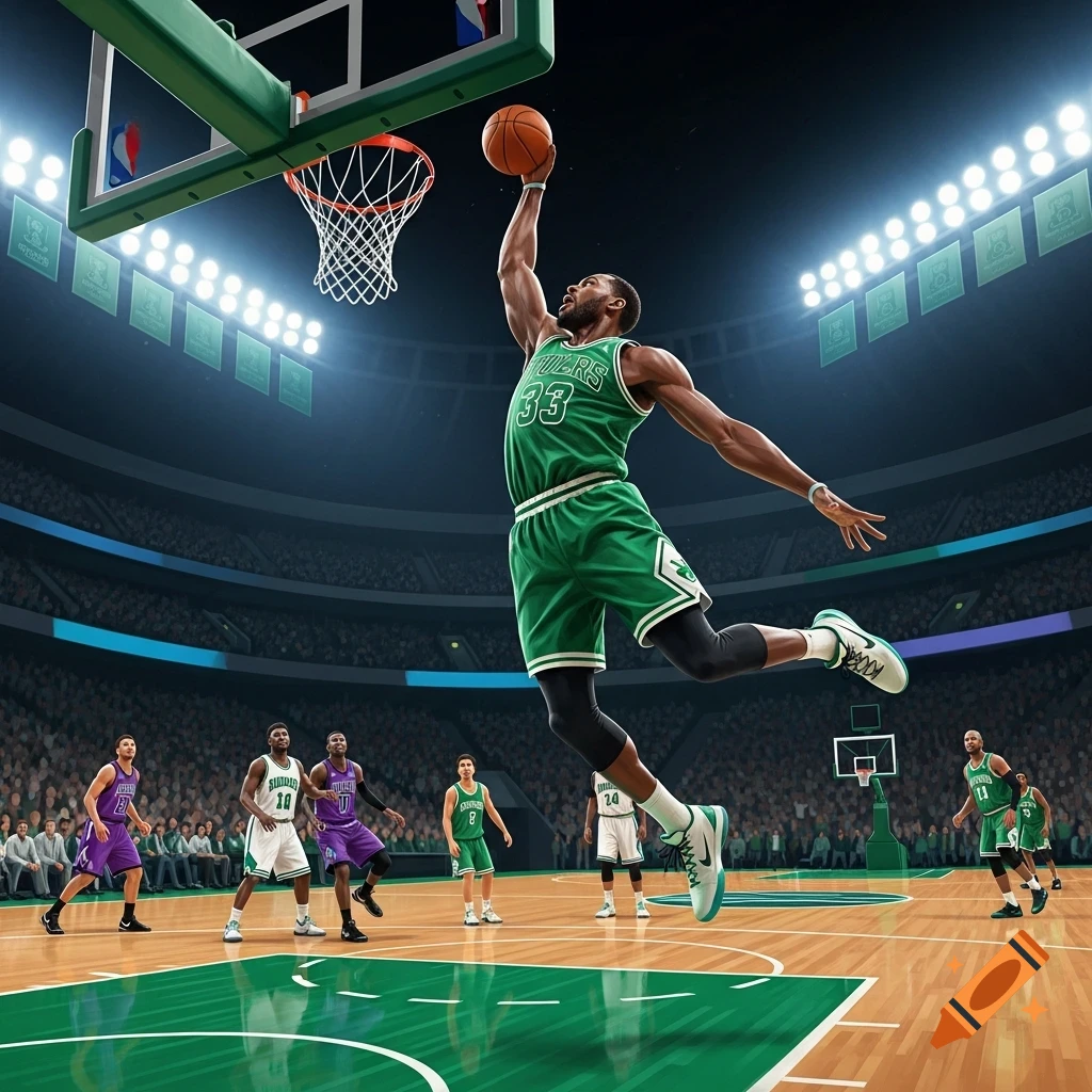 A male basketball player in a green jersey with number 33 performs a dunk in a brightly lit arena with other players and spectators in the background.